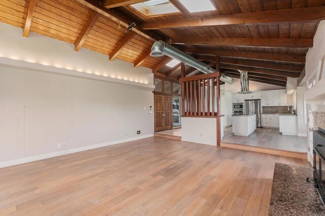 1628 Lone Oak Rd, Vista, CA 92084 - unfurnished living room featuring wooden ceiling, a skylight, light wood-type flooring, a sink, and baseboards