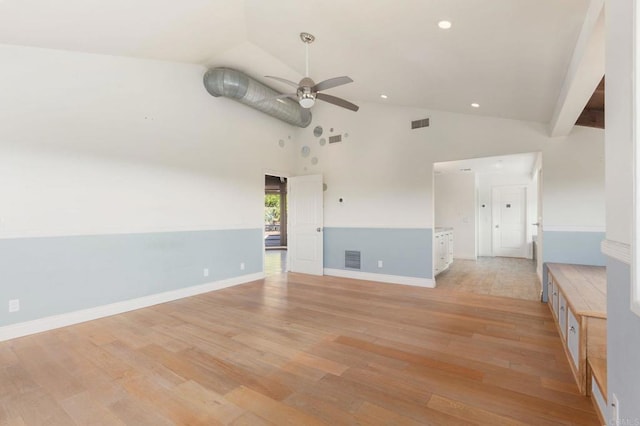 1628 Lone Oak Rd, Vista, CA 92084 - empty room with ceiling fan, recessed lighting, light wood finished floors, baseboards, and high vaulted ceiling