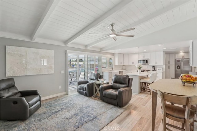 1926 N Vallejo Way, Upland, CA 91784 - living area with light wood-style floors, ceiling fan, baseboards, wooden ceiling, and recessed lighting