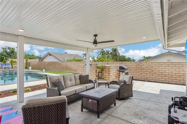 1926 N Vallejo Way, Upland, CA 91784 - fenced backyard featuring outdoor lounge area, a patio area, and a ceiling fan