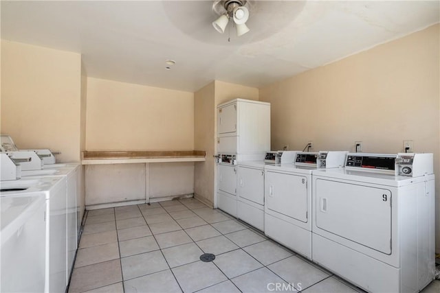 4810 N Vincent Ave, Covina, CA 91722 - community laundry room with independent washer and dryer, a ceiling fan, stacked washer / dryer, and light tile patterned floors