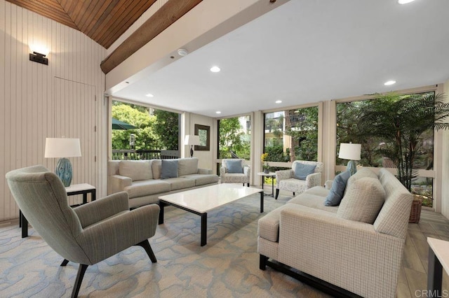 3213 Raintree Cir, Culver City, CA 90230 - living area with lofted ceiling, wooden ceiling, and recessed lighting