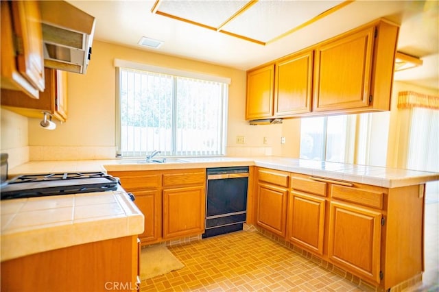 2868 Corte Caballos, Camarillo, CA 93010 - kitchen featuring black dishwasher, a peninsula, a sink, brick patterned flooring, and brown cabinetry