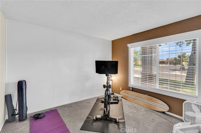 342 Canyon View Dr, Calimesa, CA 92320 - exercise room featuring carpet flooring, baseboards, and a textured ceiling