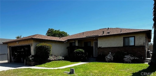 7887 Kempster Ave, Fontana, CA 92336 - ranch-style home with stucco siding, a garage, a front yard, driveway, and brick siding