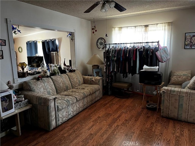 7887 Kempster Ave, Fontana, CA 92336 - living area with ceiling fan, wood finished floors, and a textured ceiling