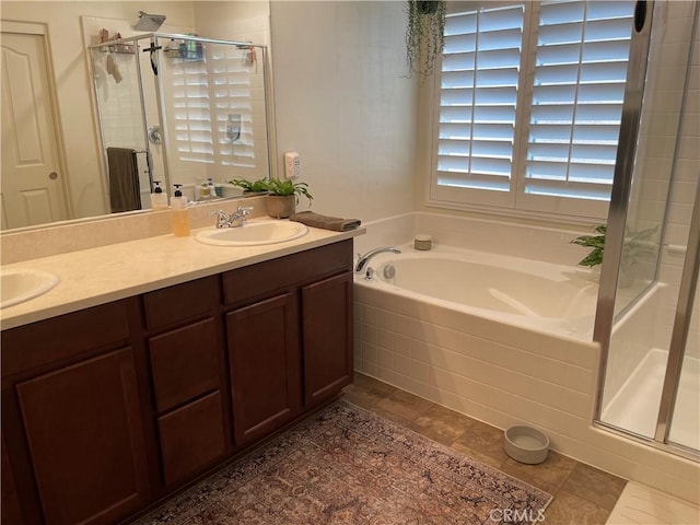 18026 Crabapple Ct, San Bernardino, CA 92407 - full bathroom with a stall shower, a bath, and double vanity