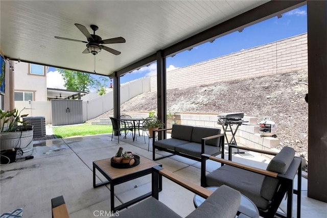 18026 Crabapple Ct, San Bernardino, CA 92407 - fenced backyard with an outdoor living space, a patio, ceiling fan, and grilling area