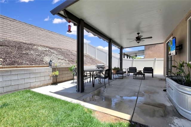 18026 Crabapple Ct, San Bernardino, CA 92407 - fenced backyard featuring a ceiling fan, a patio area, and an outdoor hangout area