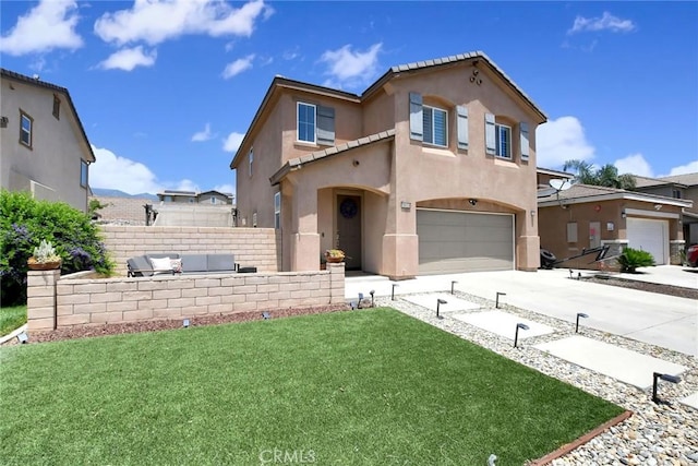 18026 Crabapple Ct, San Bernardino, CA 92407 - mediterranean / spanish home featuring a garage, stucco siding, driveway, and a tiled roof