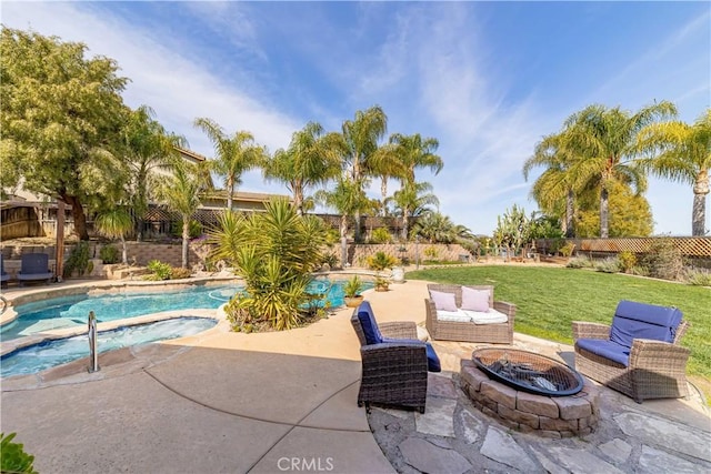 38260 Willow Ct, Murrieta, CA 92562 - view of swimming pool featuring a fire pit, a patio area, and a pool with connected hot tub