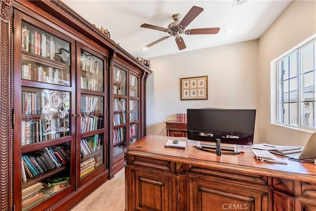 38260 Willow Ct, Murrieta, CA 92562 - home office featuring ceiling fan, light carpet, and recessed lighting