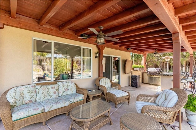 38260 Willow Ct, Murrieta, CA 92562 - view of patio / terrace with a ceiling fan, exterior kitchen, and an outdoor hangout area