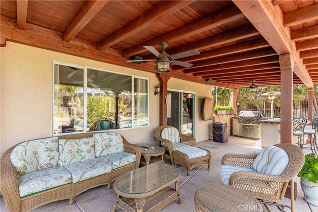 38260 Willow Ct, Murrieta, CA 92562 - view of patio / terrace with a ceiling fan, exterior kitchen, and an outdoor hangout area