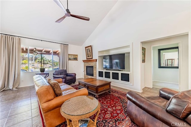 38260 Willow Ct, Murrieta, CA 92562 - tiled living area with ceiling fan, high vaulted ceiling, a fireplace, and baseboards