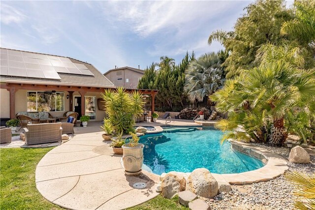 38260 Willow Ct, Murrieta, CA 92562 - outdoor pool with an outdoor hangout area, a patio, and an in-ground hot tub
