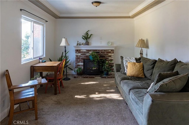 3158 Erie Ave, Merced, CA 95340 - living room featuring carpet flooring, crown molding, a brick fireplace, and a tray ceiling