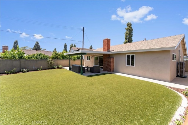 5332 Huntley Ave, Garden Grove, CA 92845 - rear view of house featuring an outdoor hangout area, a chimney, a fenced backyard, stucco siding, and a patio area