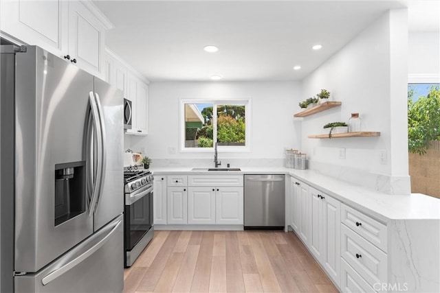 5332 Huntley Ave, Garden Grove, CA 92845 - kitchen with appliances with stainless steel finishes, light wood finished floors, recessed lighting, white cabinets, and light stone counters