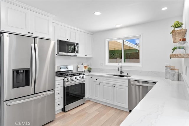 5332 Huntley Ave, Garden Grove, CA 92845 - kitchen with appliances with stainless steel finishes, white cabinets, light stone countertops, recessed lighting, and light wood-style flooring