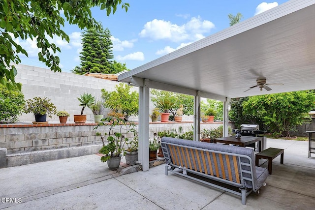 277 Aspen Dr, Monrovia, CA 91016 - fenced backyard with ceiling fan, a patio area, outdoor dining area, and a grill