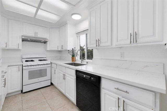 12105 Ramona Blvd, El Monte, CA 91732 - kitchen with white range with gas stovetop, black dishwasher, a sink, under cabinet range hood, and white cabinets