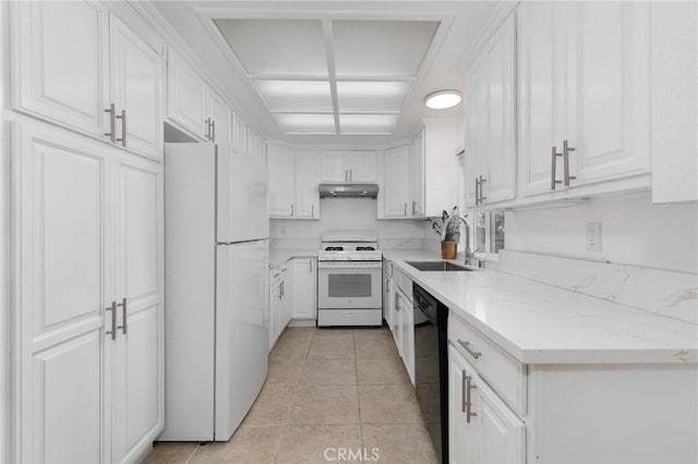 12105 Ramona Blvd, El Monte, CA 91732 - kitchen with white appliances, a sink, white cabinets, under cabinet range hood, and light tile patterned floors