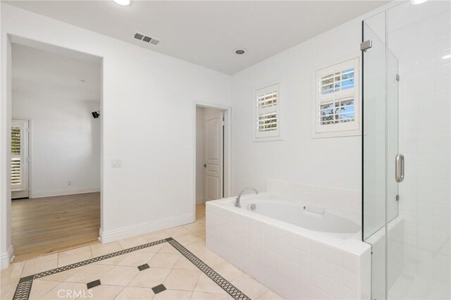 211 Groveland, Irvine, CA 92620 - full bathroom with a bath, a stall shower, baseboards, recessed lighting, and tile patterned flooring