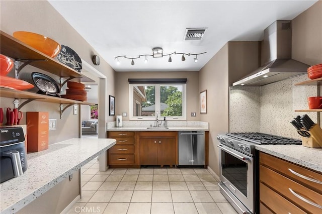 18770 Community St, Northridge, CA 91324 - kitchen with stainless steel appliances, wall chimney range hood, a sink, open shelves, and light tile patterned floors