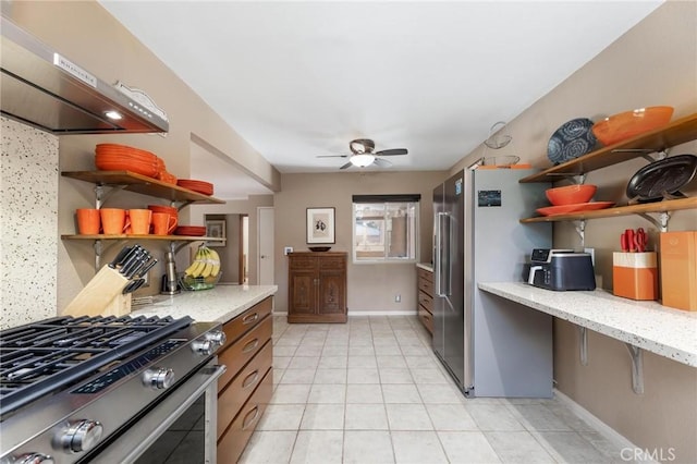 18770 Community St, Northridge, CA 91324 - kitchen featuring open shelves, stainless steel appliances, ventilation hood, and ceiling fan