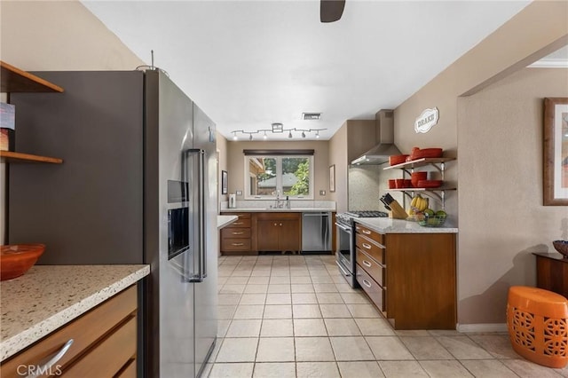 18770 Community St, Northridge, CA 91324 - kitchen featuring appliances with stainless steel finishes, wall chimney range hood, open shelves, and light tile patterned floors