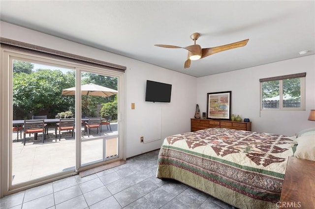 18770 Community St, Northridge, CA 91324 - bedroom with access to outside, light tile patterned floors, and a ceiling fan