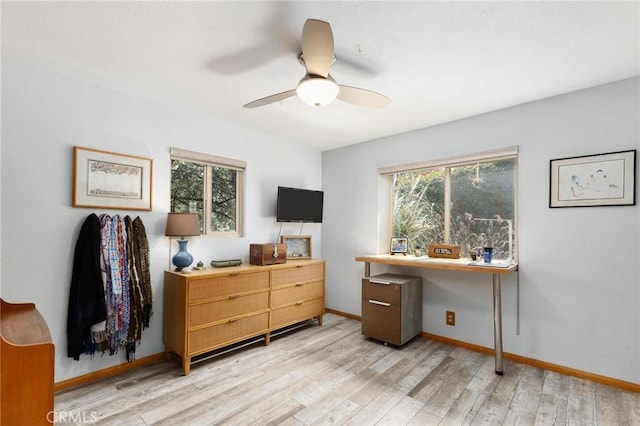 18770 Community St, Northridge, CA 91324 - home office with healthy amount of natural light, ceiling fan, light wood finished floors, and baseboards