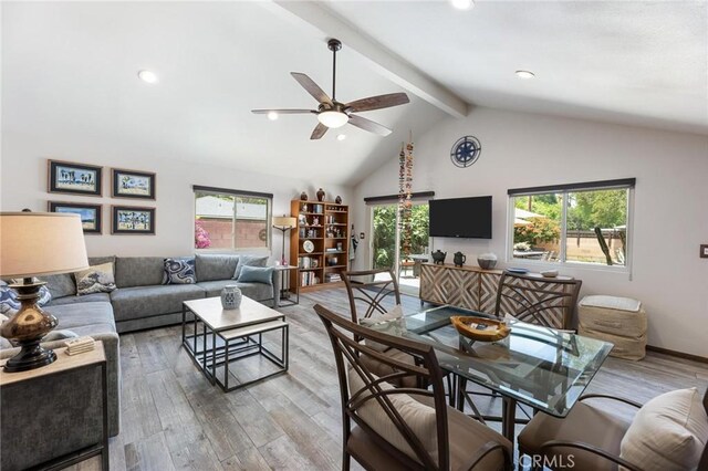 18770 Community St, Northridge, CA 91324 - living area with beam ceiling, a ceiling fan, plenty of natural light, light wood-style floors, and high vaulted ceiling