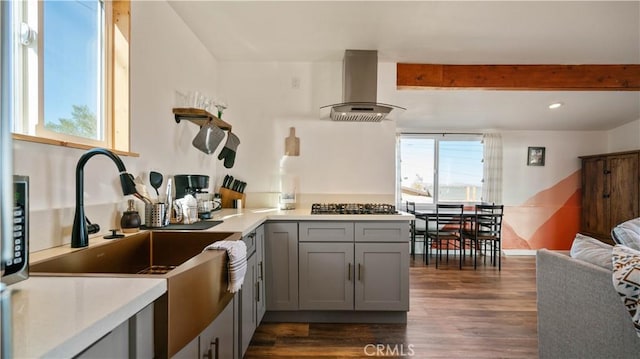61748 Valley View Cir, Joshua Tree, CA 92252 - kitchen featuring island range hood, gray cabinetry, dark wood-type flooring, stainless steel gas cooktop, and open floor plan