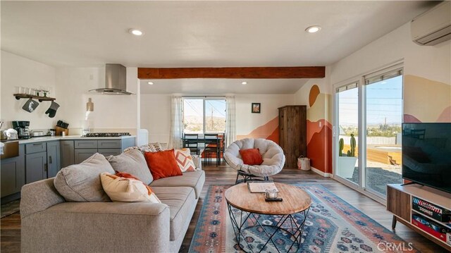 61748 Valley View Cir, Joshua Tree, CA 92252 - living room with an AC wall unit, recessed lighting, dark wood-style floors, and beam ceiling