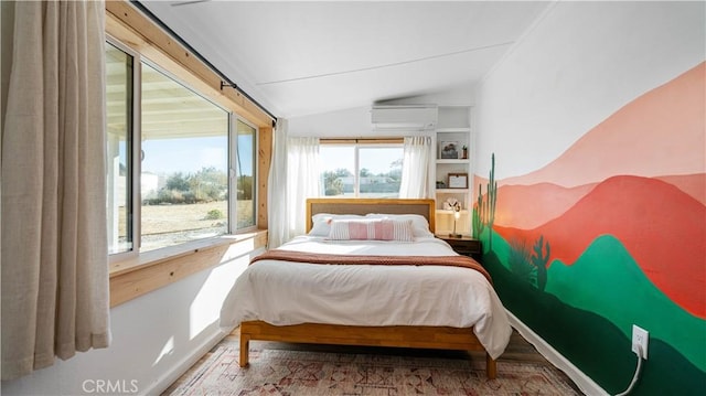 61748 Valley View Cir, Joshua Tree, CA 92252 - bedroom with a wall unit AC and vaulted ceiling