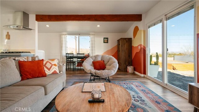 61748 Valley View Cir, Joshua Tree, CA 92252 - living room with healthy amount of natural light, beamed ceiling, wood finished floors, and recessed lighting