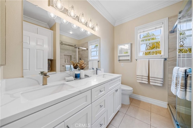 2 Corte Arbertura, San Clemente, CA 92673 - full bath featuring a shower stall, double vanity, toilet, crown molding, and tile patterned flooring