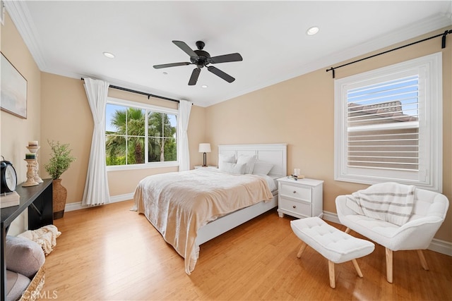 2 Corte Arbertura, San Clemente, CA 92673 - bedroom with ornamental molding, light wood-style floors, baseboards, recessed lighting, and ceiling fan