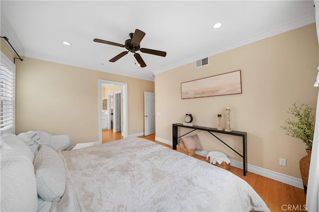 2 Corte Arbertura, San Clemente, CA 92673 - bedroom featuring wood finished floors, baseboards, recessed lighting, crown molding, and ceiling fan