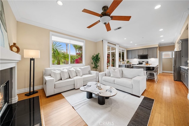 2 Corte Arbertura, San Clemente, CA 92673 - living area featuring ceiling fan, a glass covered fireplace, crown molding, light wood-style floors, and baseboards