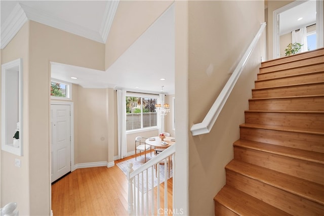 2 Corte Arbertura, San Clemente, CA 92673 - stairway with crown molding, wood finished floors, baseboards, and recessed lighting