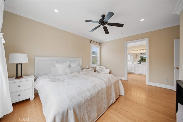 2 Corte Arbertura, San Clemente, CA 92673 - bedroom featuring light wood-type flooring, crown molding, recessed lighting, baseboards, and ceiling fan