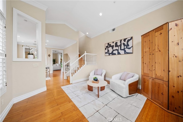 2 Corte Arbertura, San Clemente, CA 92673 - living area with light wood-style floors, ornamental molding, stairs, recessed lighting, and baseboards