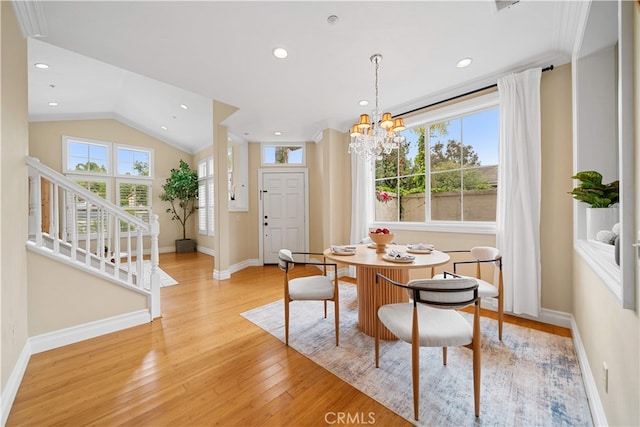 2 Corte Arbertura, San Clemente, CA 92673 - dining area featuring stairs, baseboards, light wood-style floors, recessed lighting, and a chandelier