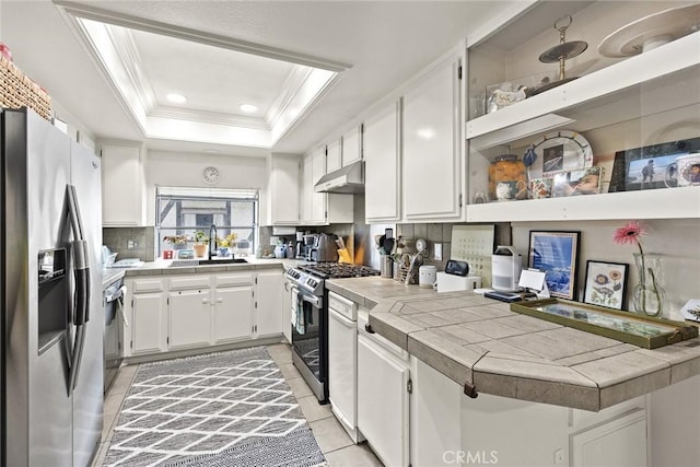 402 El Centro St Unit 13, South Pasadena, CA 91030 - kitchen featuring stainless steel appliances, open shelves, ornamental molding, under cabinet range hood, and a sink