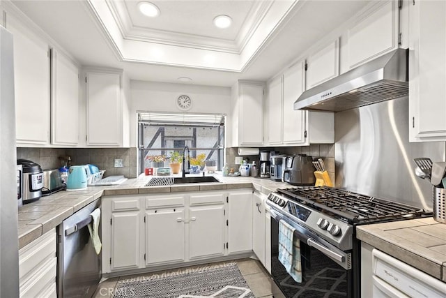 402 El Centro St Unit 13, South Pasadena, CA 91030 - kitchen featuring appliances with stainless steel finishes, a sink, ventilation hood, a tray ceiling, and white cabinets