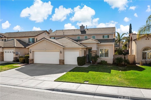 28867 Glencoe Ln, Menifee, CA 92584 - view of front of house featuring stucco siding, an attached garage, concrete driveway, a front yard, and stone siding