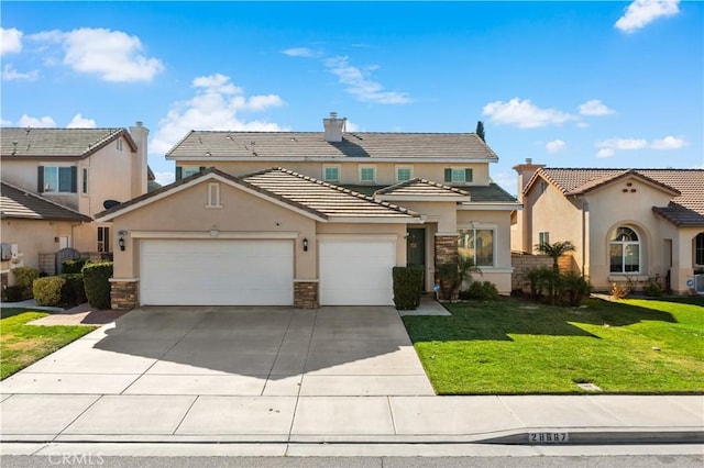 28867 Glencoe Ln, Menifee, CA 92584 - view of front of house featuring stucco siding, an attached garage, concrete driveway, a front yard, and stone siding